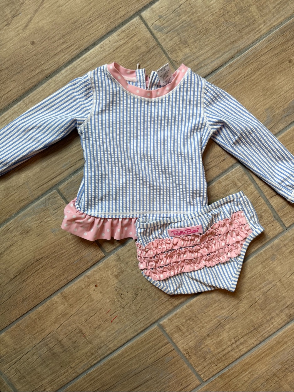 Ruffle Butts Blue & Pink Striped Long-Sleeve Rashguard Set